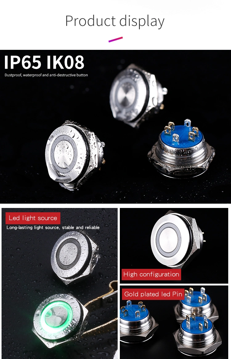 16mm Stainless Waterproof Ring Illumination Push Button Reset Micro Switches