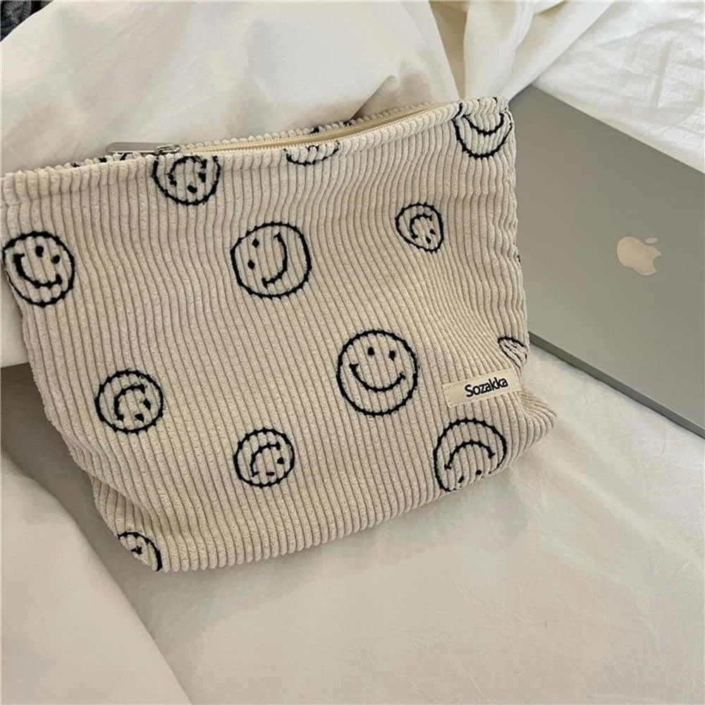 Corduroy Smile Dots Makeup Organizer Storage Cosmetic Bag for Women and Girls Pencil Case Bags