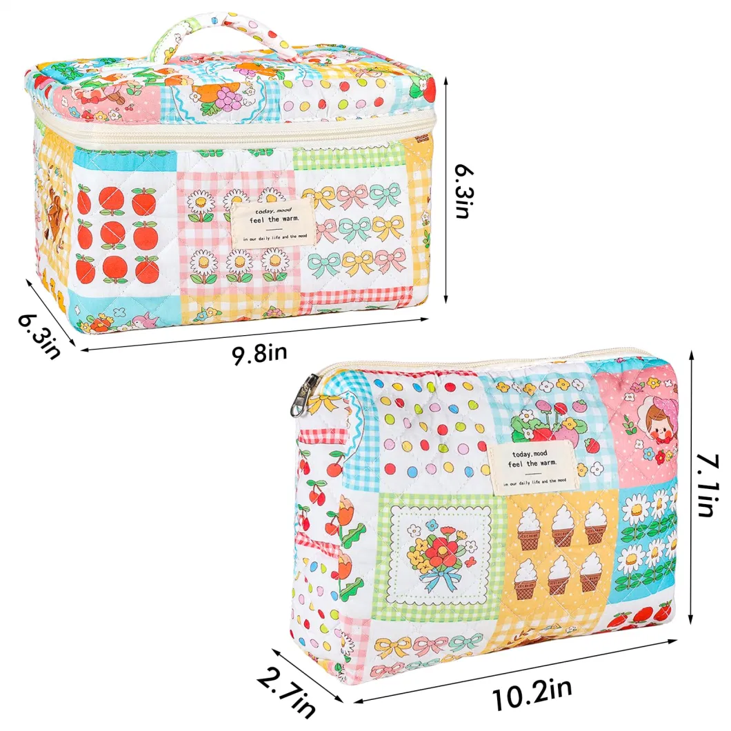 Custom Nylon Cotton Puff-Style Vanity Case with Grid Pink Design Cushioned Beauty Organizer Bag for Cosmetic Storage