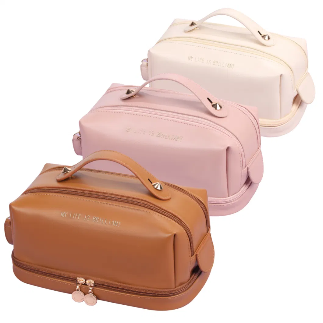 (WD12998) Hot Double Zipper Leather Pillow Toiletry Bag New Portable Organ Bag Makeup Bag Toiletry Bag