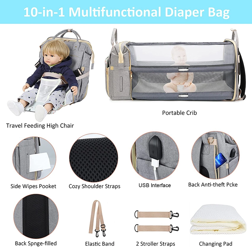 10 in 1 with Changing Station and Portable Travel High Chair, Baby Shower Gifts, Multifunctional Baby Bag with Mosquito Net Insulated Pocket Diaper Bag Backpack