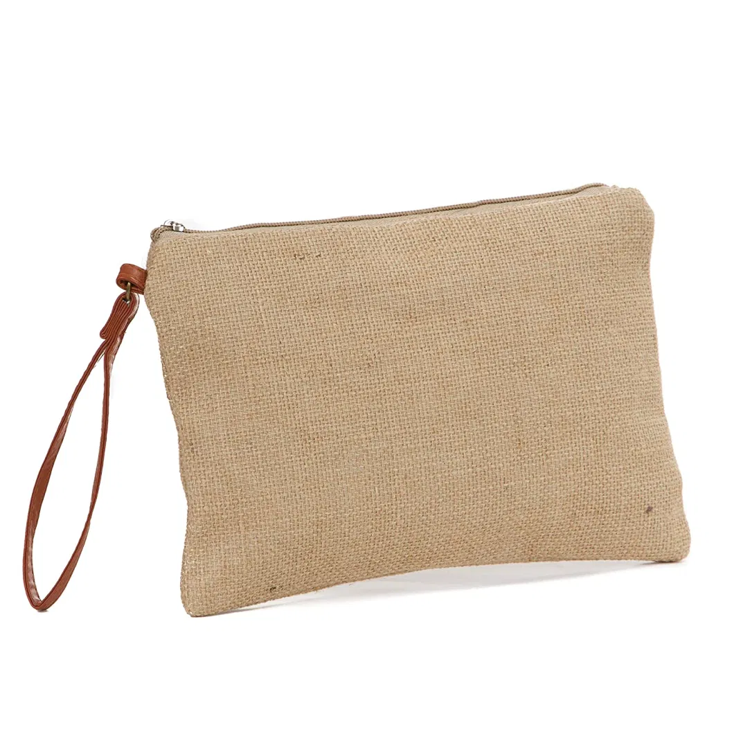 Wholesale Customize Logo Printing Burlap Make up Clutch Toiletry Pouch Jute Cosmetic Bag