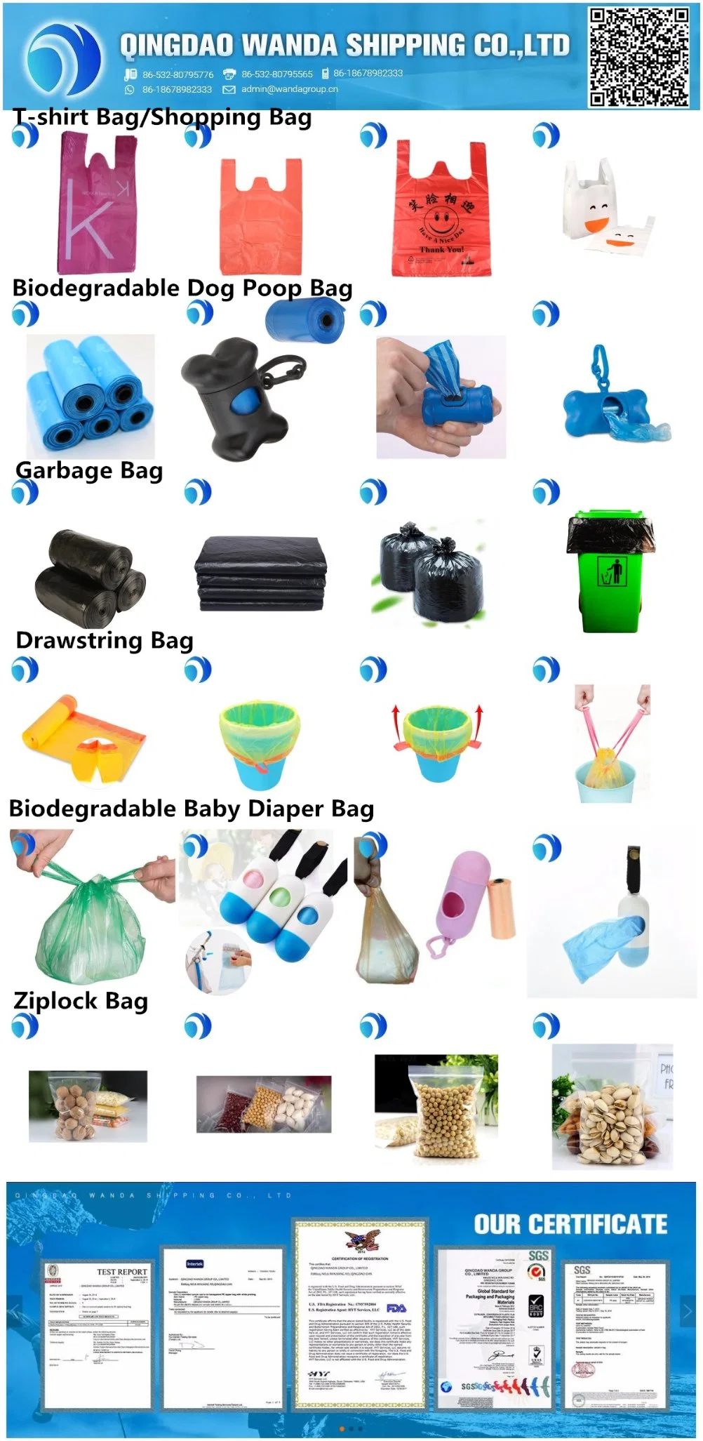 Factory Price PE Corn Starch 100% Biodegradable Rolled/One by One Pet Poop Baby Diaper Food Vacuum T-Shirt Ziplock Plastic Food Packaging Drawstring Garbage Bag