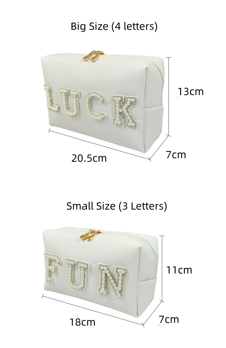Trendy Pearl Letter Cosmetic Pouch Custom Nylon Private Label Makeup Bag Make up Bag Sublimation