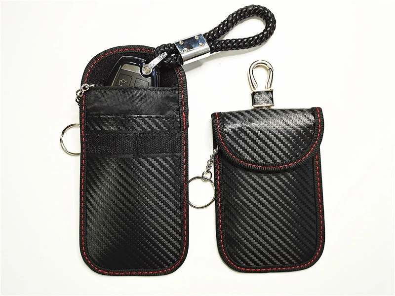 Hot Selling Carbon Fiber Leather RFID Car Key Signals Blocker Case with Key Hook Keyless Car Theft Pouch Faraday Bag