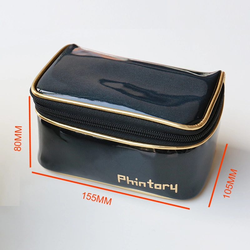 Wholesale Luxury Black Shiny PU Toiletry Cosmetic Bag Travel Bag