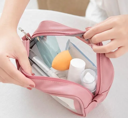 Hot Sell Private Label Pink Transparent Makeup Bag Travel PU Clear Cosmetic Bag