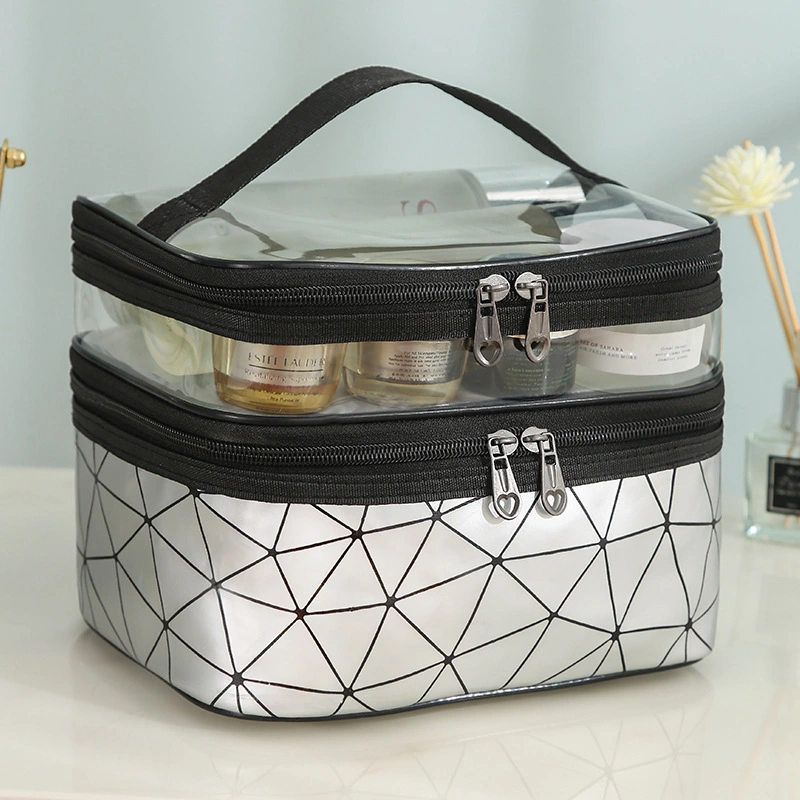 Custom PU Transparent Makeup Bag Zipper Storage Bag Large Double Layer Cosmetic Multi-Functional Toiletry Waterproof Bag