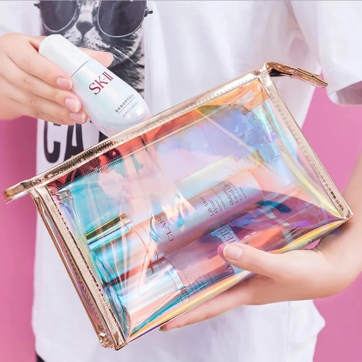 PVC Large Holographic Makeup Hologram Travel Cosmetic Bag Private Label with Logo for Women