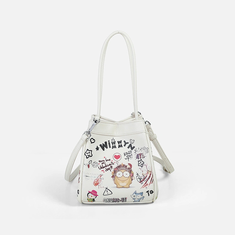 (V05) Top Quality PU Leather Bucket Bags with Graffiti-Art Printed