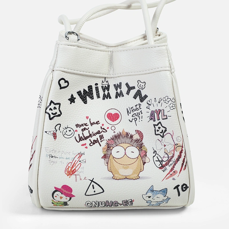 (V05) Top Quality PU Leather Bucket Bags with Graffiti-Art Printed