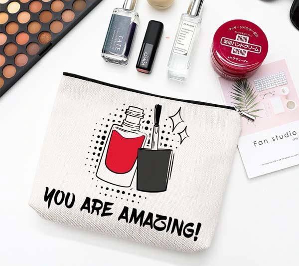 Travel Makeup Bag Jute Cotton Fabric Cosmetics Organizer Zipper Bag Customize Personalized Logo