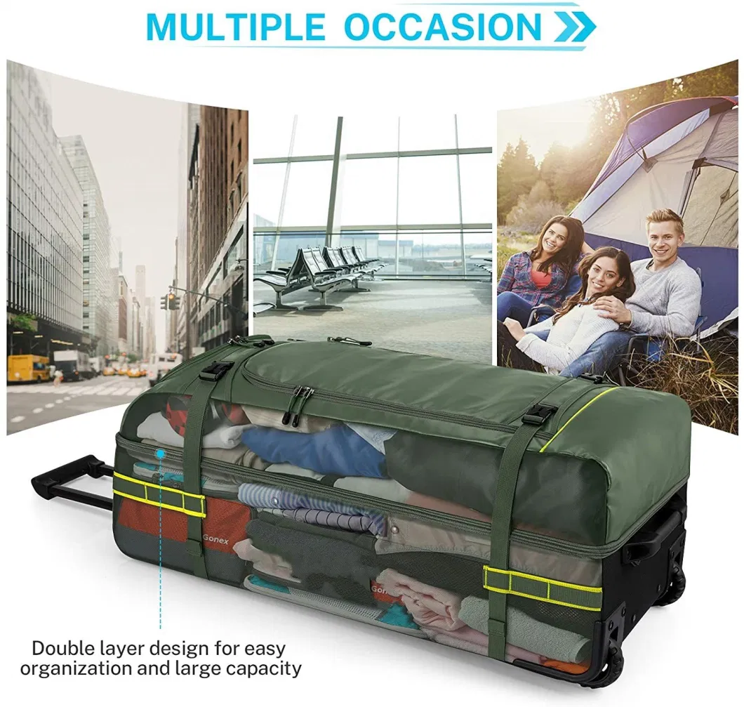 Custom Trolley Rolling Duffle Bag with Wheels, 100L Water Repellent Large Wheeled Travel Duffel Luggage, Green for Sports Outdoor Gym Backpack Women Men