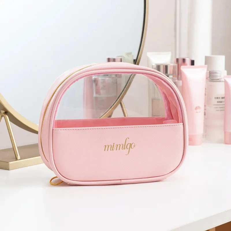 Travel Toiletry PVC PU Leather Would Handles Waterproof Large-Capacity Transparent Pink Cosmetic Bag for Makeup Artist