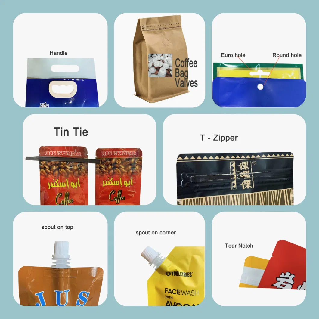 Customized Design Plastic Stand up Food Packaging Flat Bottom Zipper Coffee Powder Bag with Valve Tin Tie