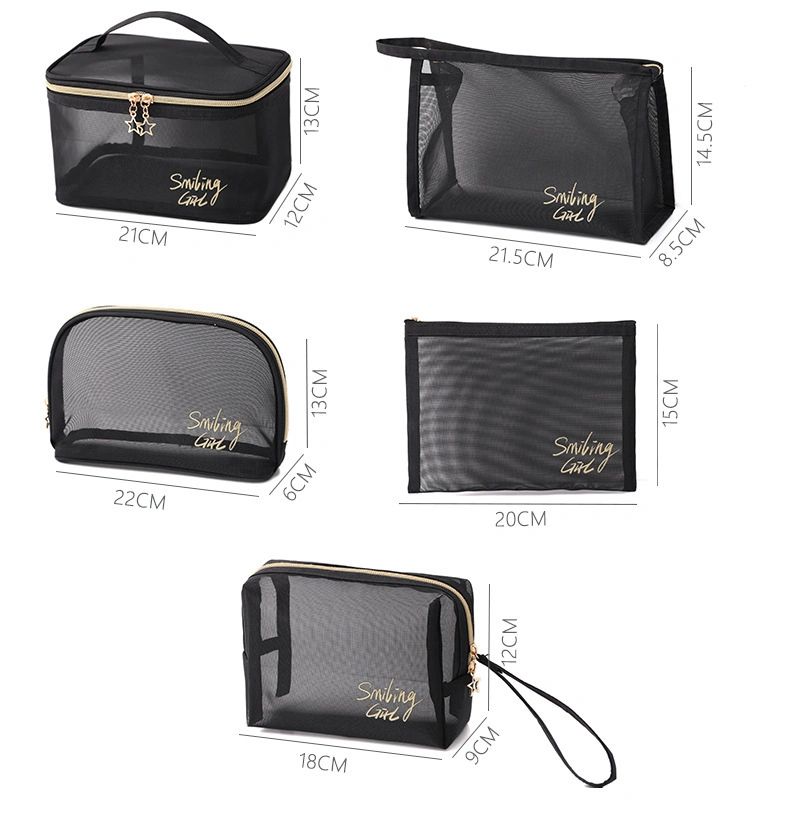 Wholesale Mesh Cosmetic Bag Custom Zipper Toiletry Kits Bulk Storage Pouch Black Mesh Makeup Bag