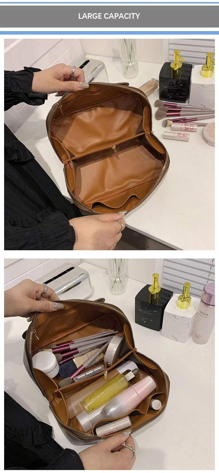 Multifunctional Waterproof Large Capacity Travel PU Leather Makeup Cosmetic Bag