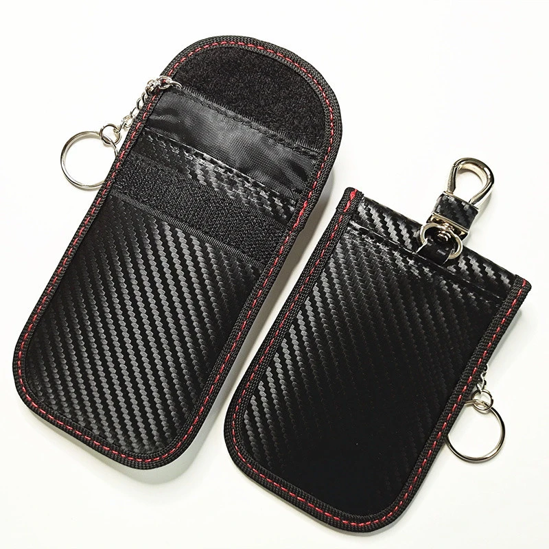 Hot Selling Carbon Fiber Leather RFID Car Key Signals Blocker Case with Key Hook Keyless Car Theft Pouch Faraday Bag