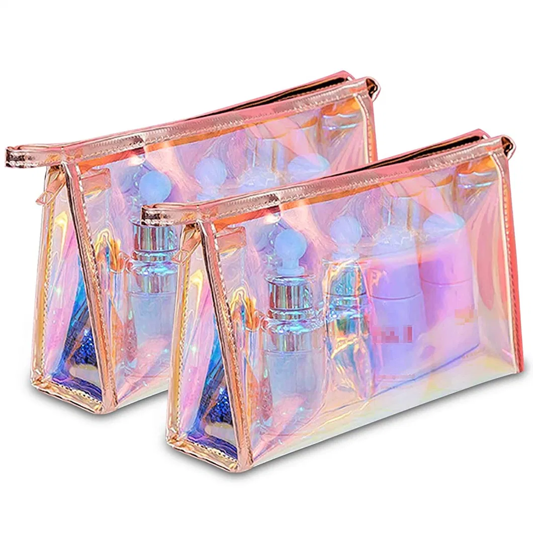 Fashion Waterproof Makeup Bag Pink Holographic PU Travel Cosmetic Ladies Bag