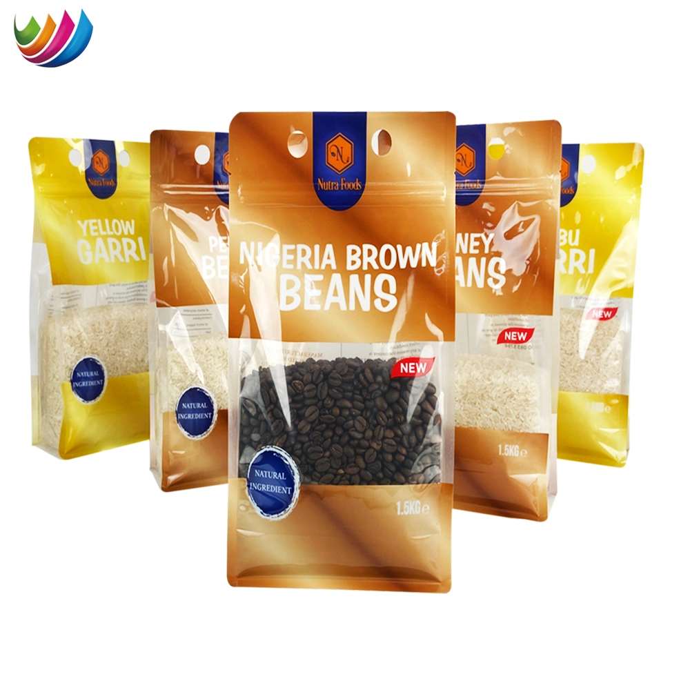 Manufacturer OEM/ODM Custom Printing Flat Bottom Stand up Pouch Plastic Clear Transparent Yam Flour Coffee Food Packaging Bag with Window