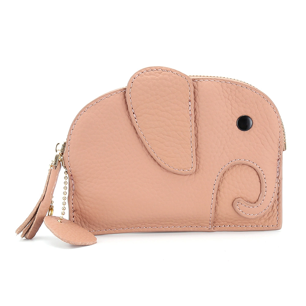 Mini Wallet Cartoon Elephant Card Holder Genuine Leather Coin Pocket Women Purse Bag with Key Ring Organizer