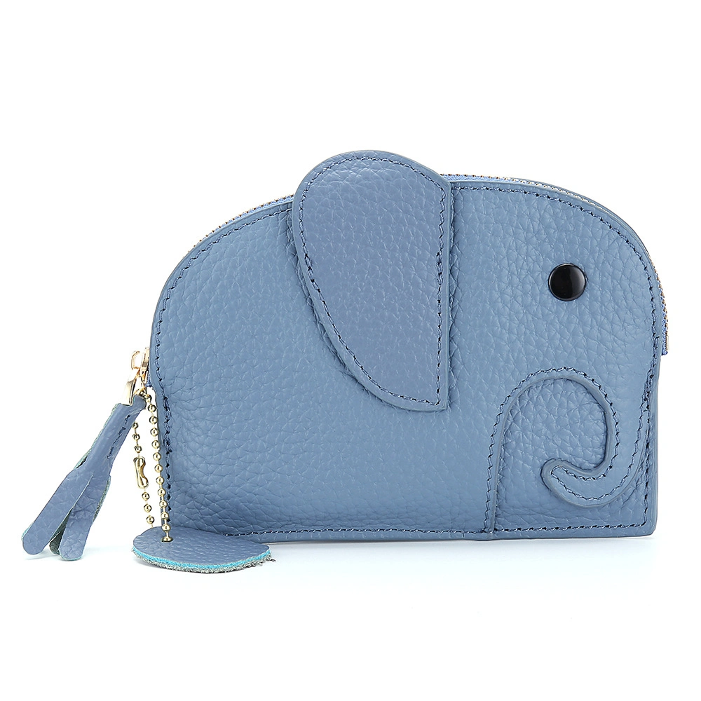 Mini Wallet Cartoon Elephant Card Holder Genuine Leather Coin Pocket Women Purse Bag with Key Ring Organizer