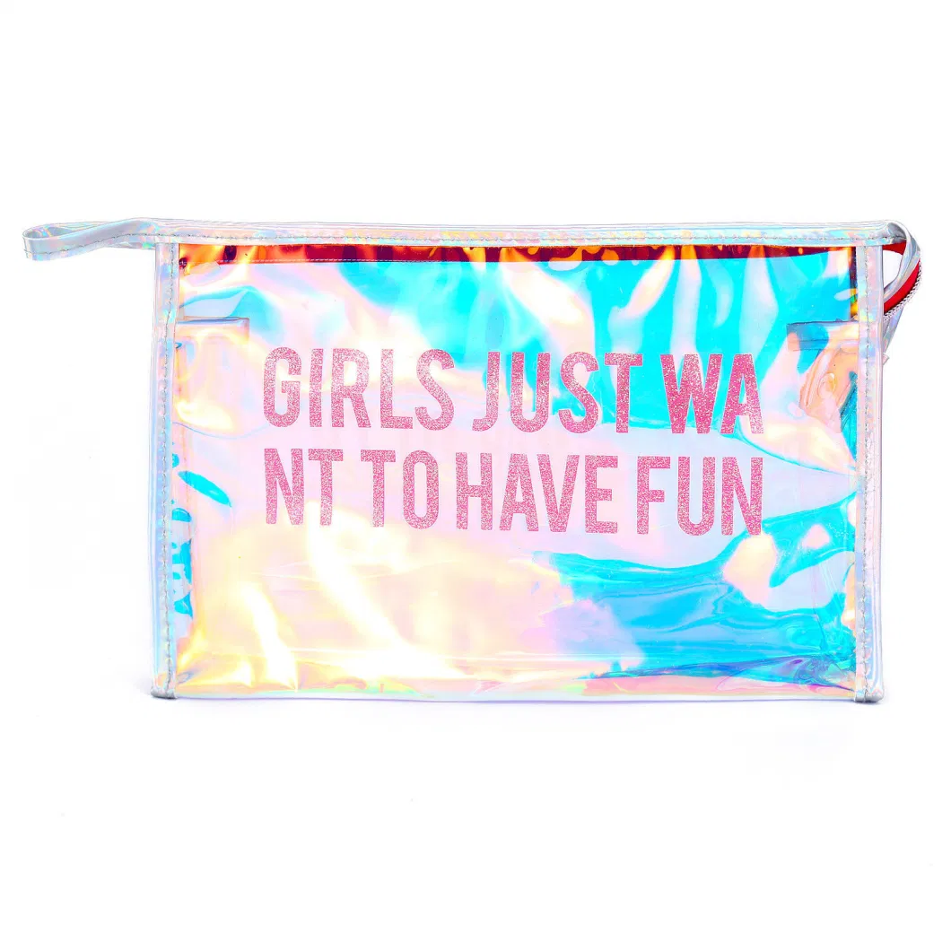 Custom Waterproof Beauty Laser Holographic Shiny Iridescent Vinyl Plastic PVC Pouch Makeup Toiletry Bathroom Washing Packing Zipper Closure Travel Cosmetic Bag