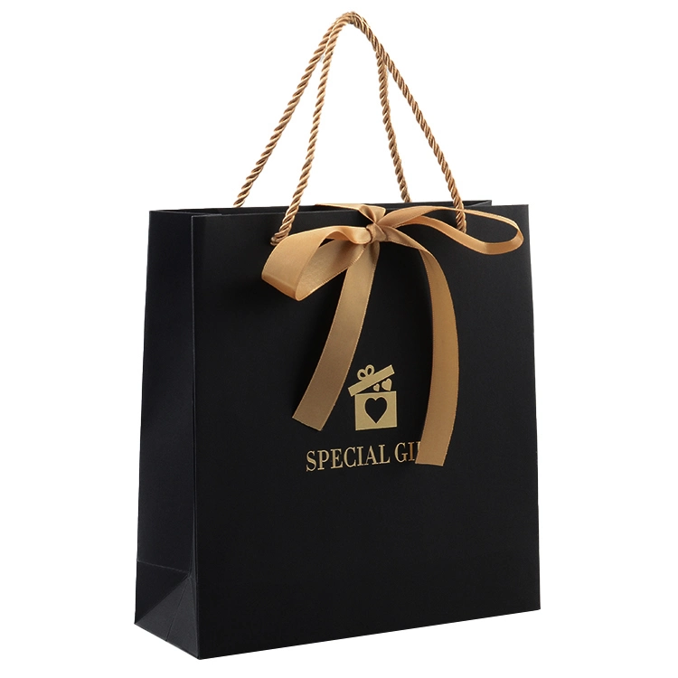 Customized Gold Foil Black Card Paper Ribbon Handle Underwear Garment Shoes Clothing Shopping Paper Bags with Bow