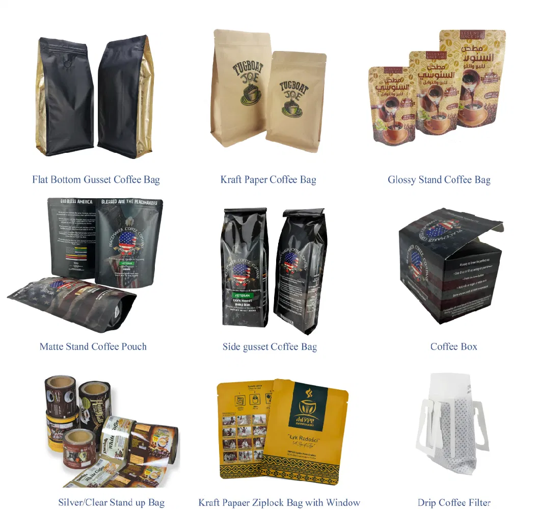 250g 500g 1kg Customized Size Glossy Finished Heat Seal Aluminum Foil Laminated Plastic Zipper Stand up Coffee Beans Powder Packaging Bag with Valve