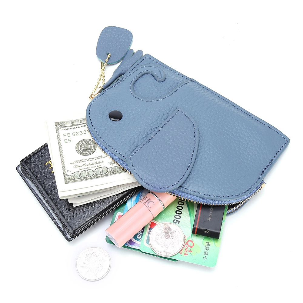 Mini Wallet Cartoon Elephant Card Holder Genuine Leather Coin Pocket Women Purse Bag with Key Ring Organizer