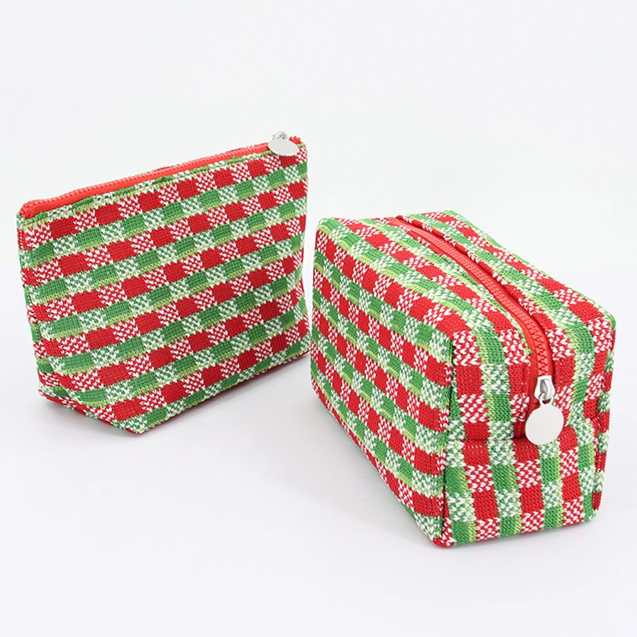 Cute Makeup Brushes Storage Bag Knitted Makeup Bag Pouch Checkered Cosmetic Bag