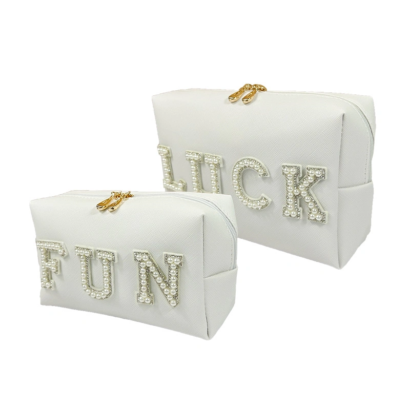 Trendy Pearl Letter Cosmetic Pouch Custom Nylon Private Label Makeup Bag Make up Bag Sublimation