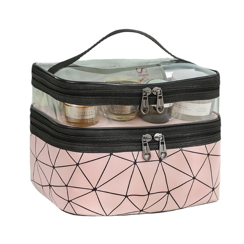 Custom PU Transparent Makeup Bag Zipper Storage Bag Large Double Layer Cosmetic Multi-Functional Toiletry Waterproof Bag