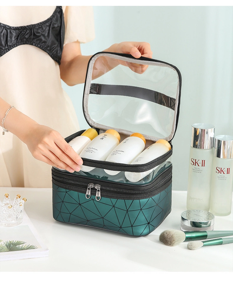 Custom PU Transparent Makeup Bag Zipper Storage Bag Large Double Layer Cosmetic Multi-Functional Toiletry Waterproof Bag