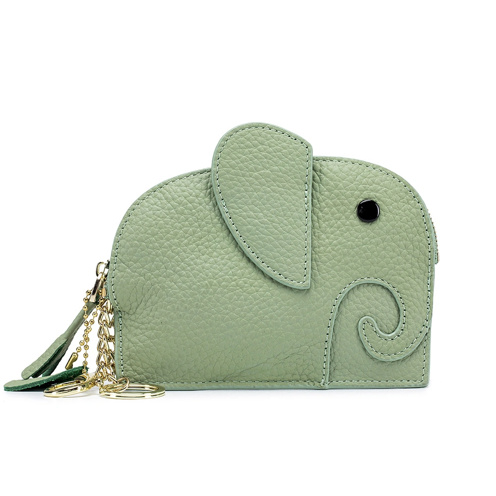 Mini Wallet Cartoon Elephant Card Holder Genuine Leather Coin Pocket Women Purse Bag with Key Ring Organizer