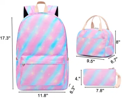  Vendita a caldo strisce rosa modello resistente all&prime;acqua 3 pezzi Zaino spalle studenti Torna a scuola Borse Set zaino per Ragazza