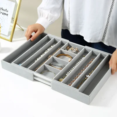  Multifecessor Lady Jewellery Storage Organizer accenti orecchini Collane Fodera grigia Custodia da esposizione scatola di stoccaggio in velluto rimovibile personalizzata