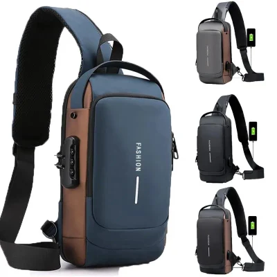  Borsa a spalla con tracolla USB di ricarica pacchetto di borse da viaggio per la scuola Borsa da uomo Oxford Sling Pack da uomo Anti Theft