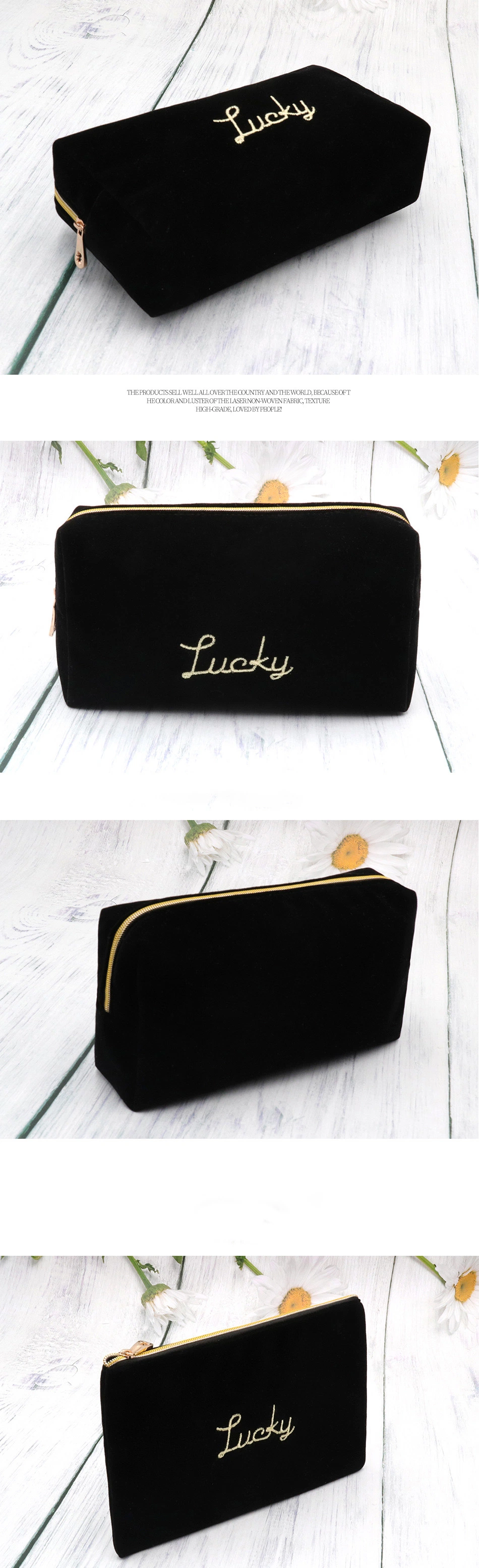 Free Sample Suede Velvet Custom Pouch Luxury Beauty Makeup Bag Zipper Closure Travel Cosmetic Bag Black with Embroidery Logo