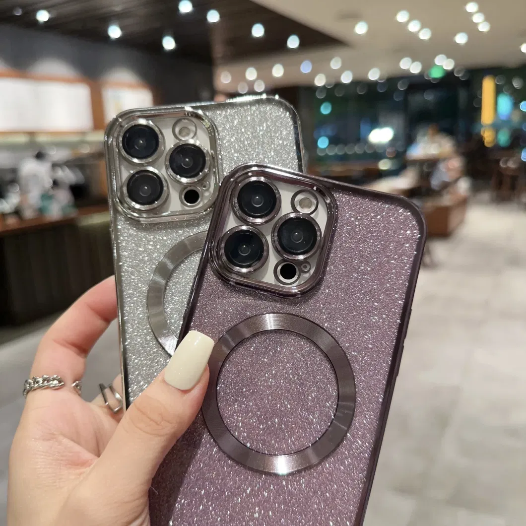 New Luxury Transparent Flash Powder Magnetic Mobile Phone Case Lens Protection for iPhone 11 12 13 14 15 PRO Max with Wireless Charging