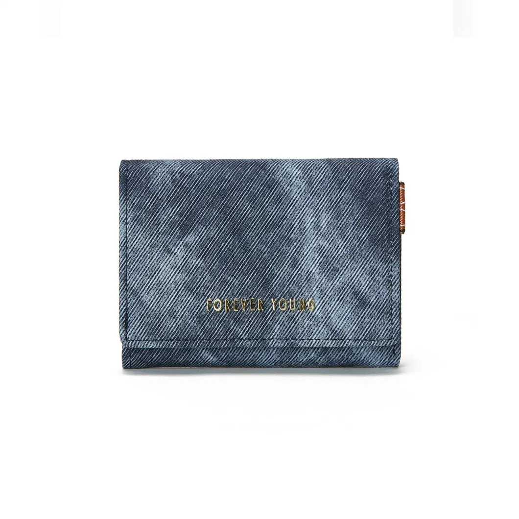 Women&prime;s Short Tri-Fold Senior Sense Denim PU Coin Purse Card Case