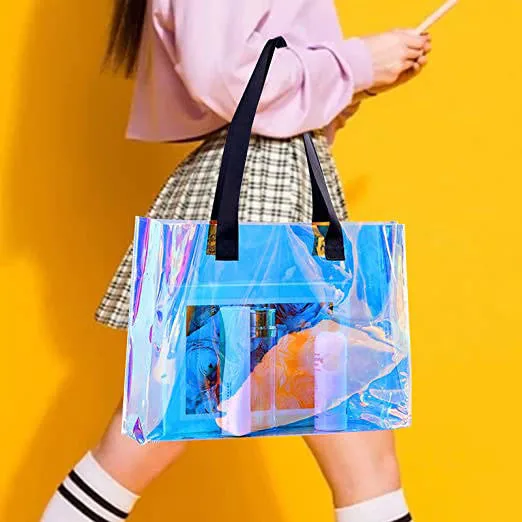 Hot Selling Custom Durable Rainbow Colors Work School Travel Sports Shopping Festival Holographic Clear PVC Tote Bag Large