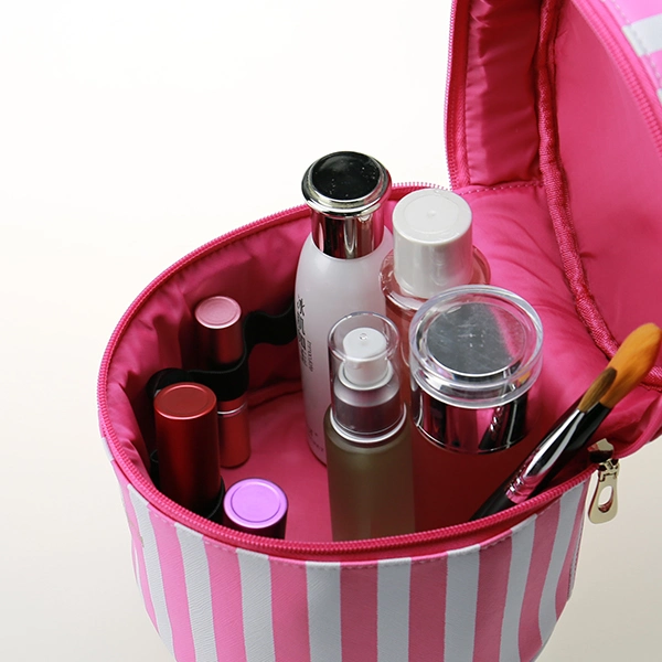 Women Pink PU Handle Travel Cylinder Round Cosmetic Bags Cases