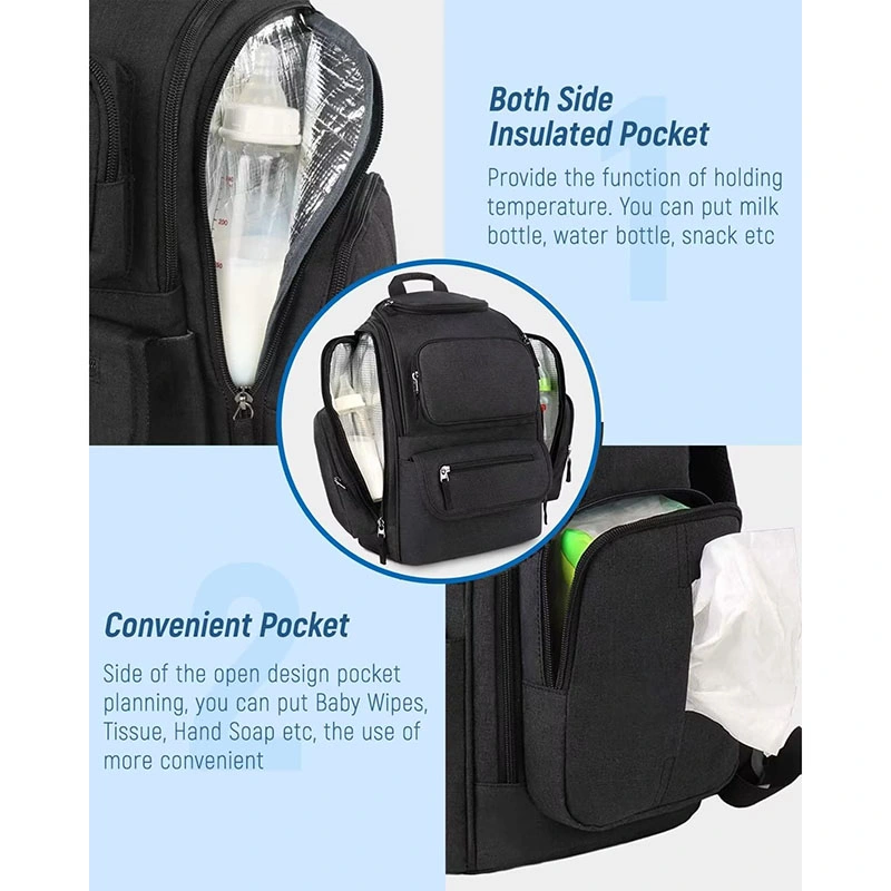 Multifunctional Insular Diaper Bag Waterproof Travel Baby Diaper Backpack Black