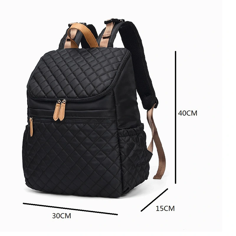 Fashion Black Quilted Nylon Diaper Bag with 8 Elastic Pockets Breathable Mesh Padded Shoulder Puffer Backpack for Baby, Mom and Dad (RS-M18007)