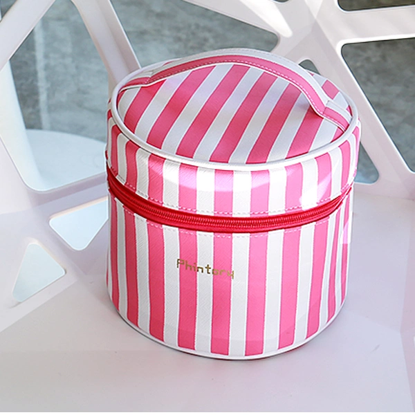 Women Pink PU Handle Travel Cylinder Round Cosmetic Bags Cases