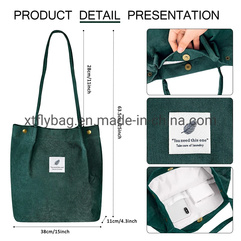 Durable Corduroy Tote Bag for Shopping Travel Canvas Shoulder Bag School Bag Cotton Crossbody Bag for Girl