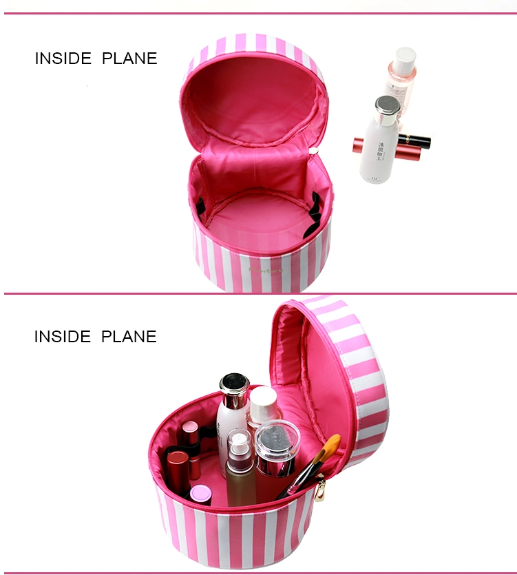 Women Pink PU Handle Travel Cylinder Round Cosmetic Bags Cases
