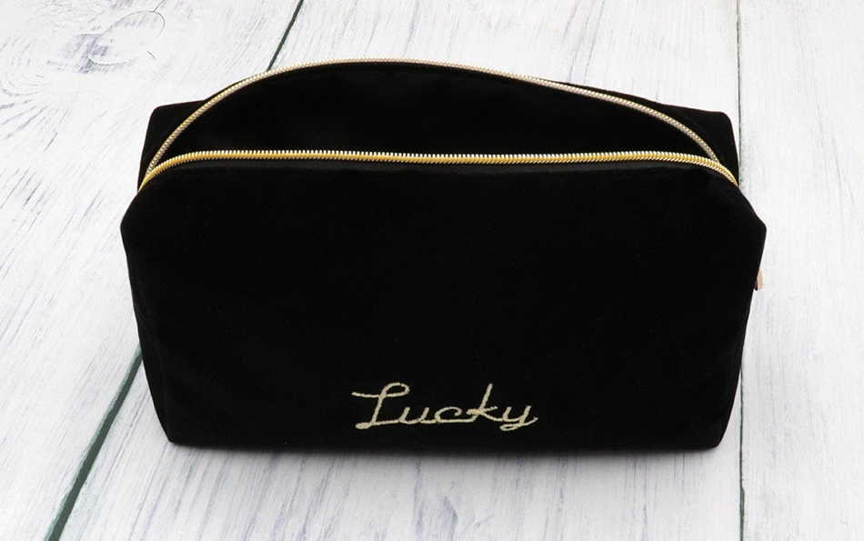 Free Sample Suede Velvet Custom Pouch Luxury Beauty Makeup Bag Zipper Closure Travel Cosmetic Bag Black with Embroidery Logo