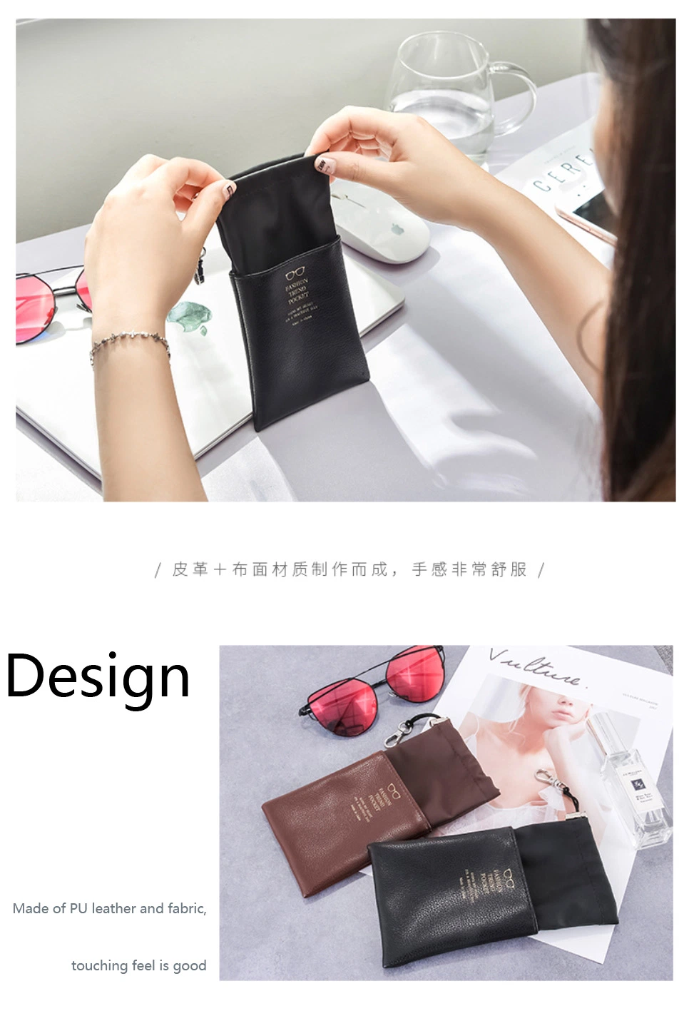 Customized and Personalized Double Zippered Leather Eyeglasses Case with Hooked Drawstring